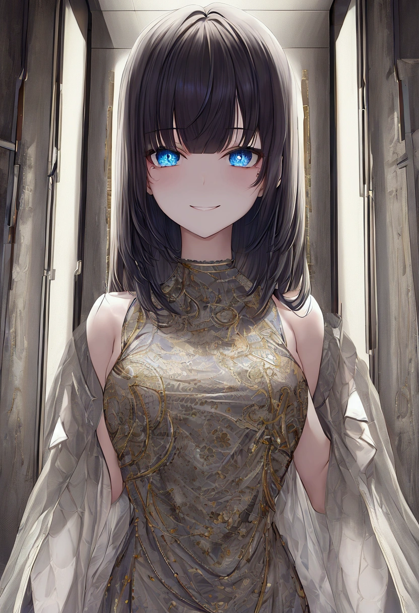 (whole body:1) A young girl, Smart casual, Hacker's server room, Delicate face, ((very cool expression)), (Straight short thin bangs:1.2), Ultra-detailed photos, (Reality), (Intricate details:1),(masterpiece :1), (best quality:1), Ultra-high resolution, (Delicate eyes), (Detailed facial features), HDR, 8K resolution, (lens flare:0.5), Light from afar, (Smile, joy)