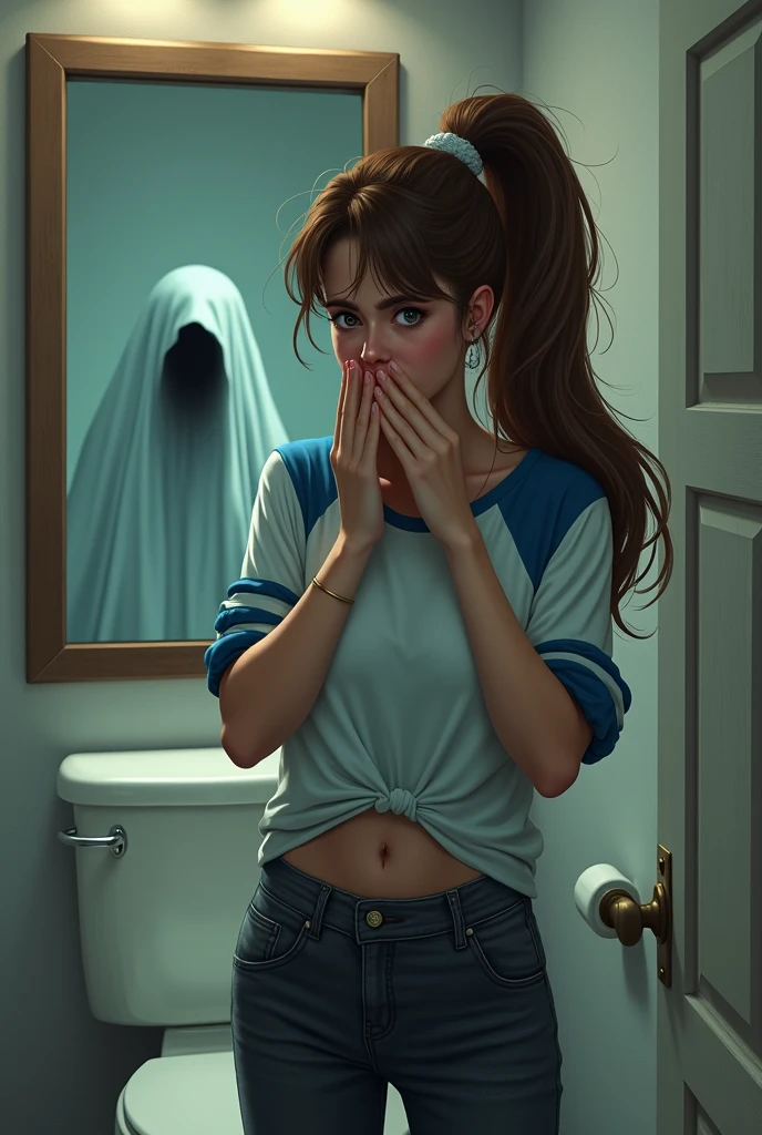 Pim2 woman with a bright and positive demeanor, has long brown hair tied in a ponytail. She wears a blue and white shirt with dark gray jeans. She looks at the dirty toilet with some stains, covering her nose with her hand and making a disgusted face. Behind her, in a long mirror, a ghostly figure of a woman in a white dress is faintly visible.