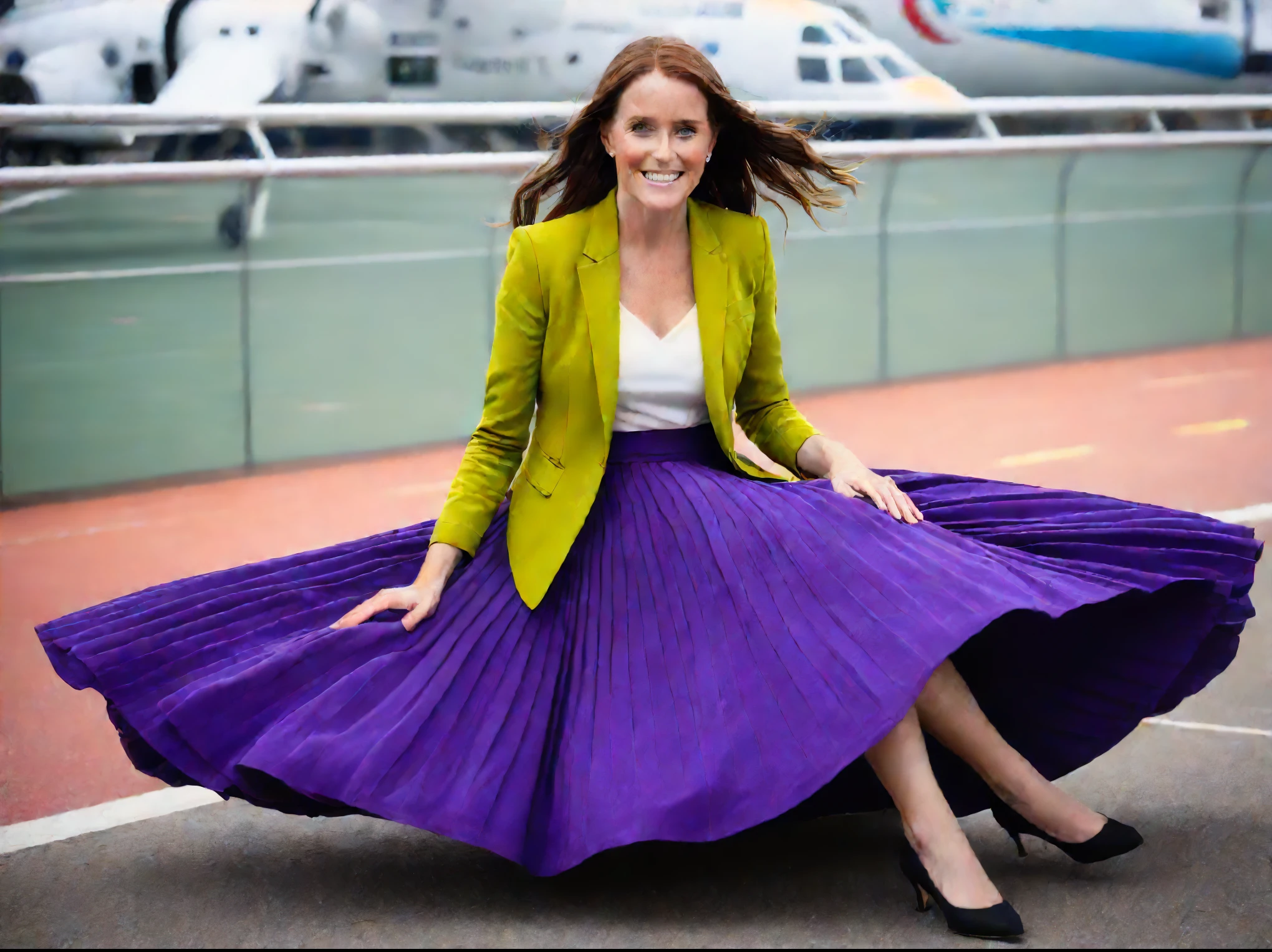 85mm photograph of Sarah Ferguson, a Shy, demure, mature, gentle, loving, comforting, smiling, Compassionate, kind, empathic, long haired, beautiful and attractive woman, smoothing her skirt, intensively seducing you to come under her skirt, intimately touching herself, wearing her (long pleated full circle skirt), uniform jacket and (woman's low heel office shoes), (pronounced (feminine) features), (very large breasts with hard nipples), (very windy), skirt is flowing wildly in the wind, inside spaceships, lesbian space station, ladies skirts, sci-fi, skirts in space, loves women wearing skirts, wants to kiss girls, adores skirts, women wearing skirts, empathy, compassion, romance and love, (pronounced (girly) features), (highly detailed ultra accurate realistic) hands and fingers, (windy), epic composition, highly detailed attributes, (35mm f1.4 Kodak portra 400 photograph), extremely high quality RAW photograph, highly detailed atmosphere, sci-fi, cinematic shot, dynamic lighting, 75mm, Technicolor, Panavision, cinemascope, sharp focus, fine details, 8k, HDR, realism, realistic, key visual, film still, superb cinematic color grading, depth of field 