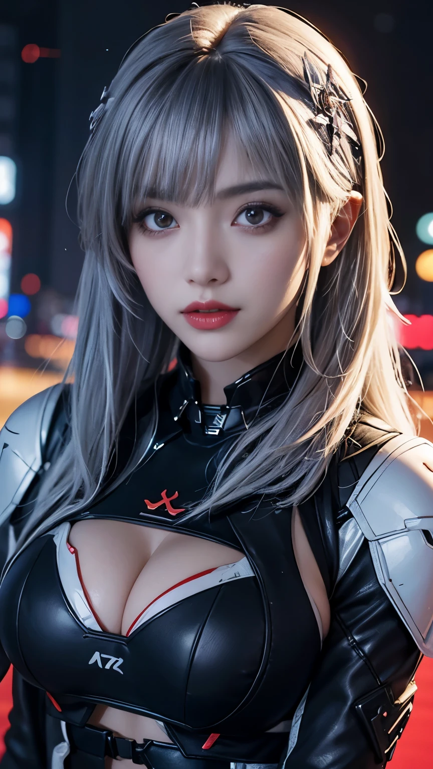 masterpiece、high quality、High resolution、high resolution, Silver Hair,  Japanese Chest、,(Fluorescent cyberpunk costume) , night .Degrees of Freedom:1.8、Super big breasts:1.8、Long sleeve、Symmetricalの美しい顔、Hyper Detail、Octane Rendering、超A high resolution、8k、Upper Body、red、white、Realistic textured face and skin、redいマント、Bend、squat、front、Look this way、Thick lips:1.5、Black lipstick:1.5、Black Rouge、Symmetrical、frontからの構図、