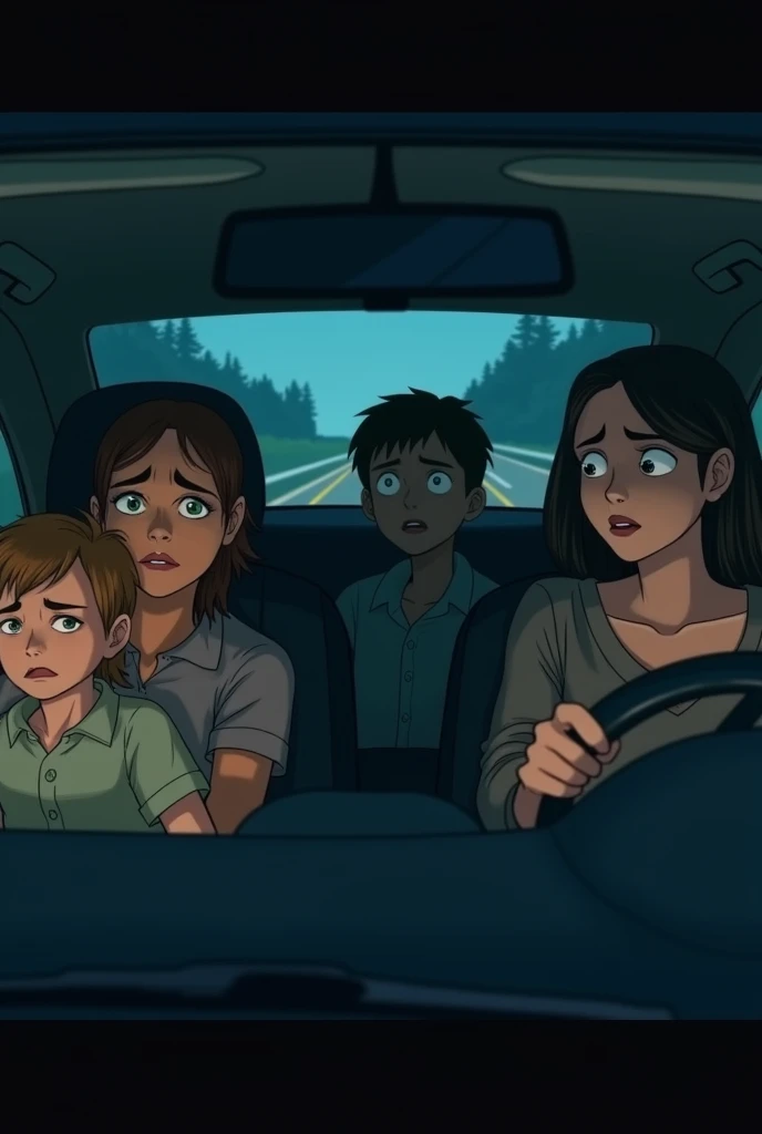 family driving in a car scared and tired