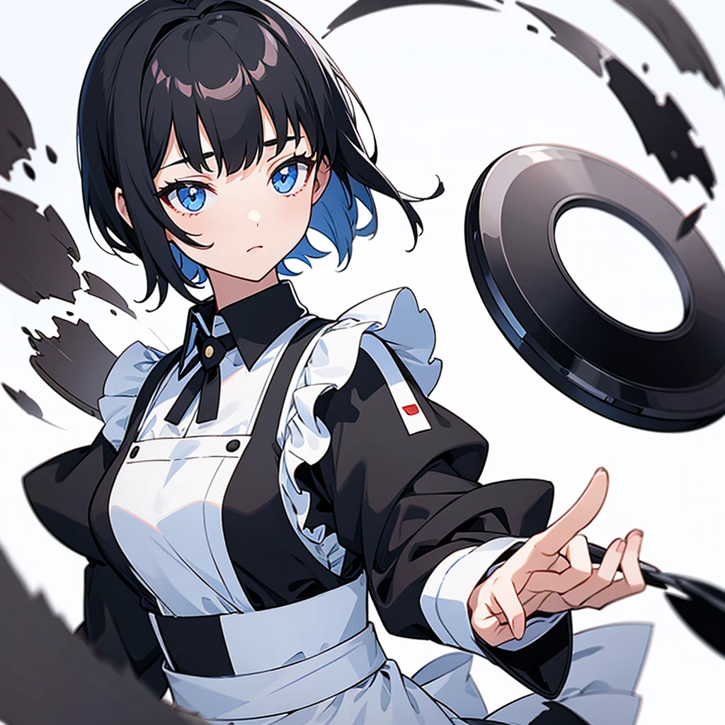 A girl with short black hair wearing a maid uniform on a white background