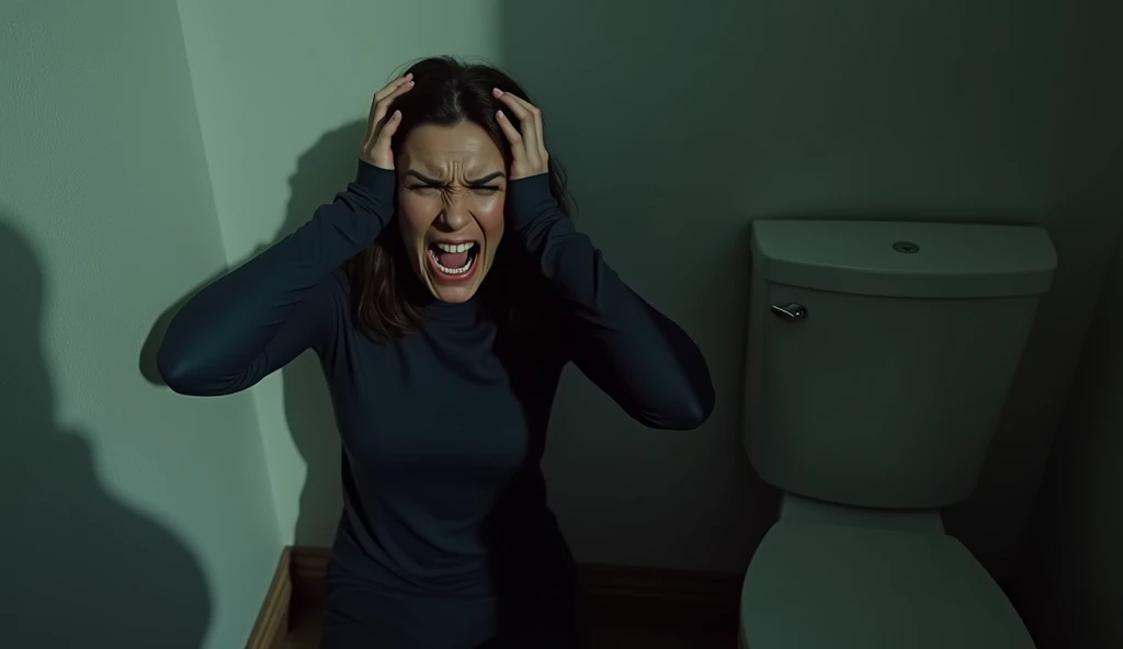 There is a shadow、Photorealistic、Ultra HD、A woman is holding her head and seems to be in pain、I sleep next to the toilet