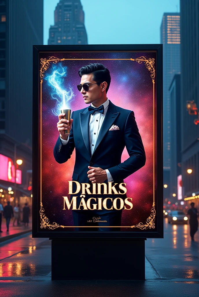 Create a billboard design for a premium open bar service called Drinks Mágicos, with a theme of magic and elegance, on a busy avenue 