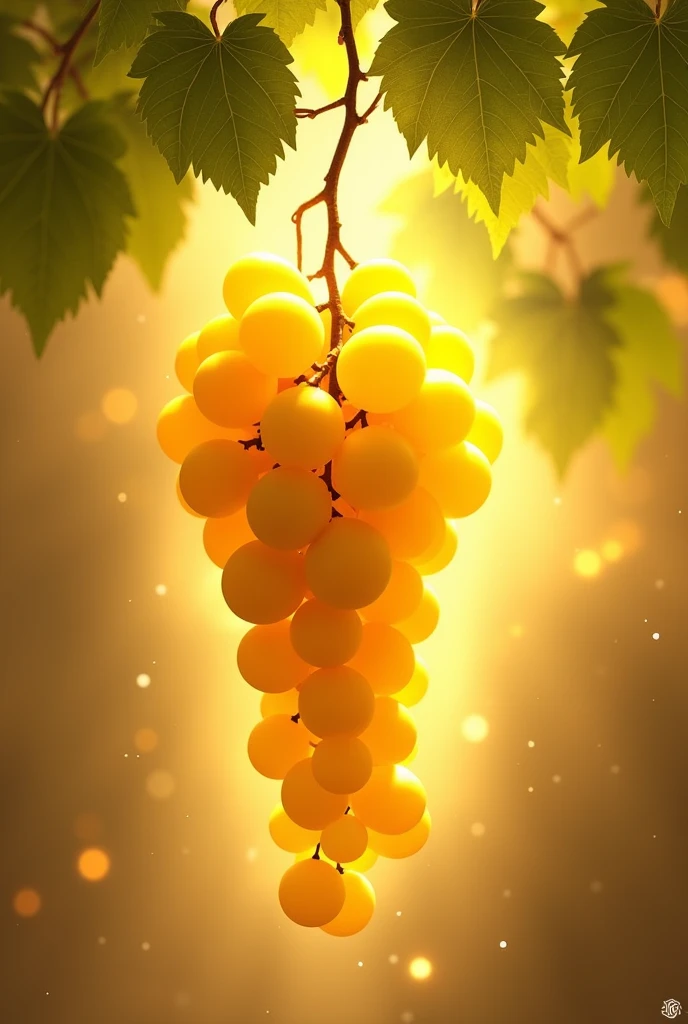a bunch of grapes, mystical, divine, stem down. golden background, golden background light, branches into green leaves, golden aura, celestial. floating, golden grapes.