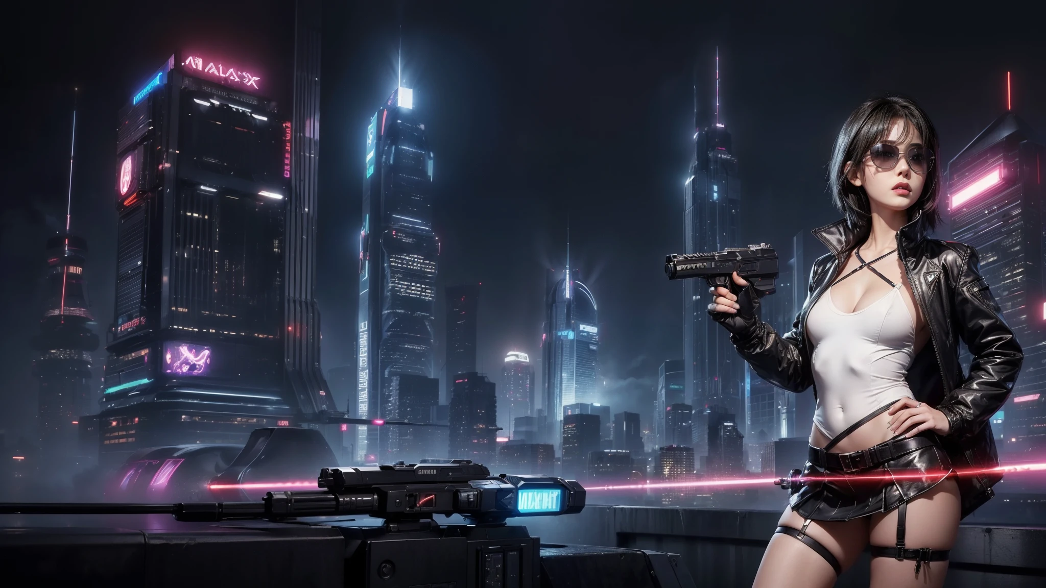 (Wide angle view). Blade Runner style futuristic city, simple outlined transparent neon tall buildings, glowing giant clock tower, flying cars, helicopter, lightning, 3D rendering Beeple. At night, (1girl, solo, alone), photorealistic, medium-breast slim:0.6 body, oval:0.6 face, cleavage:1.1, sexy black laced bra, glove, deep-V, (very low angle view of miniskirt), white laced panty, coat, (Matrix style black micro sunglasses), ((aiming viewer with a short gun)), (running pose), (half-body thigh level close-up shot), cinematic lighting, ray tracing.