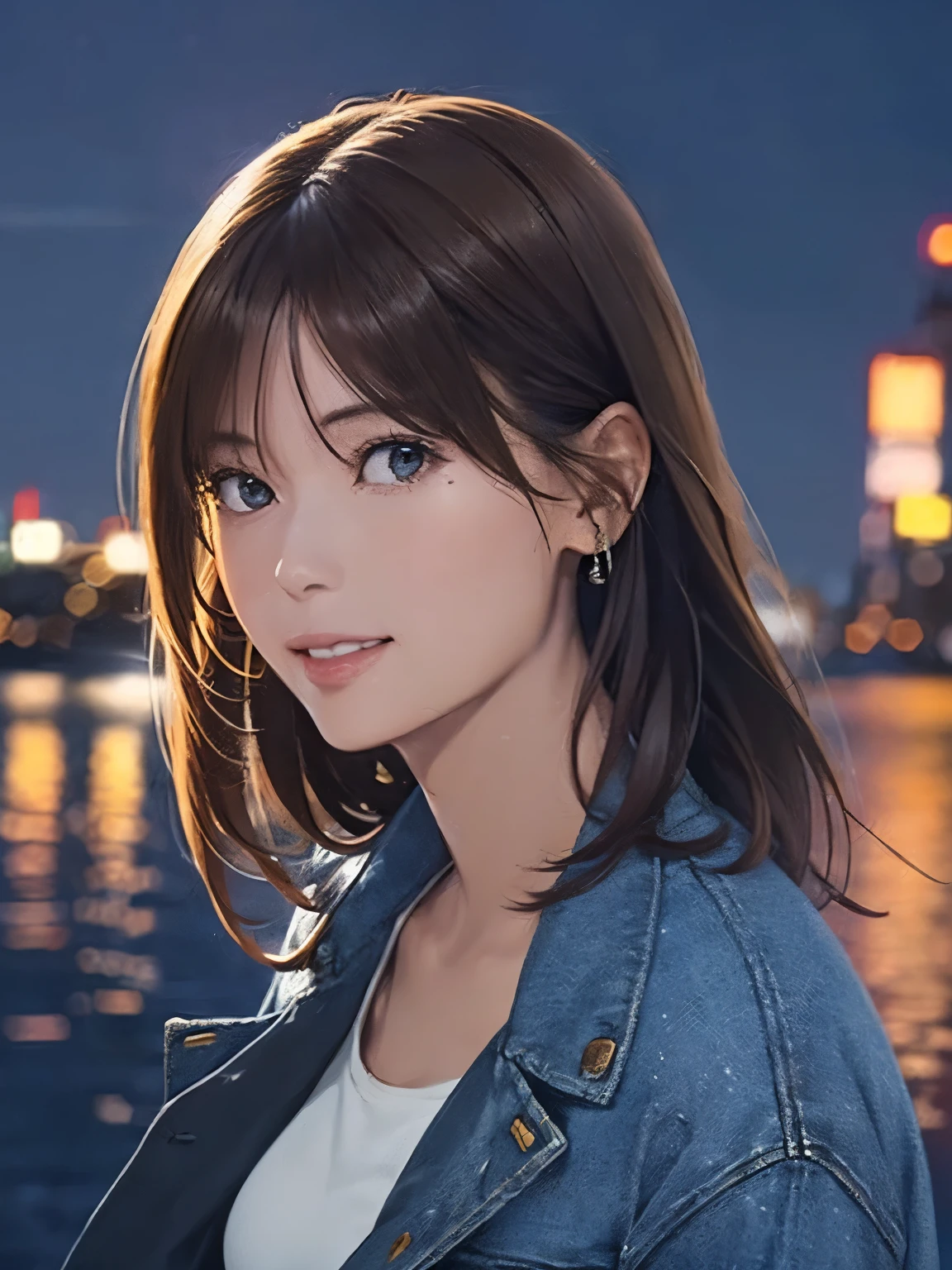 High resolution, 8k, Highest quality, detailed, Semi-realistic anime, Anime 3D Style, Smooth anime CG, One Girl, A 20-year-old Japanese woman, slim, Modeled, Shiny brown hair, detailedな顔, Beautiful and detailed, Glowing Skin, Hard Focus、Film Grain, Soft lighting, Looking at the audience, Laughter, (A woman wearing a casual jacket and jeans), Port town at night、City lights reflected in the sea and anchored ships