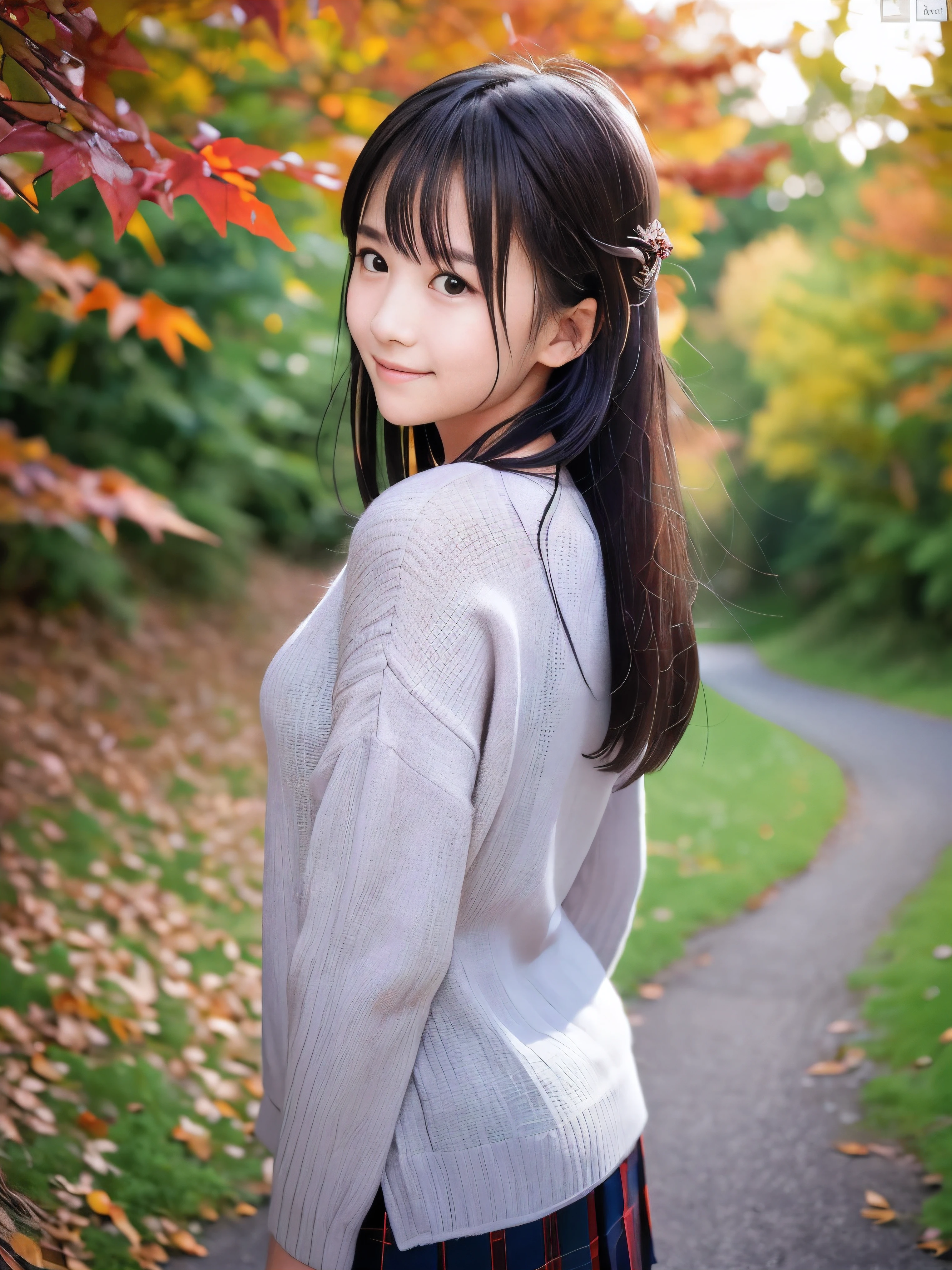 (Close up face shot of one slender small breasts half up brown long hair with bangs girl in a long sleeves shirt and sweater and skirt:1.5)、(One girl is looking back with sad smile on the dart road near the river and big waterfall in Japan:1.5)、(Beautiful sunset time with autumn red leaves and mountain:1.5)、(Natural light:1.5)、(8k ultra detailed master piece:1.5)、(perfect anatomy:1.5)、(Photorealistic stick:1.5)、(Raw photo:1.3)、(highest quality:1.5)、(High resolution:1.3)、(Delicate and beautiful perfect face:1.3)、(Delicate and beautiful eye air skin:1.3)、(Real Human Skin:1.3)、((thin legs))