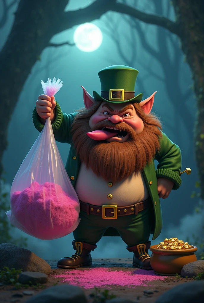 an elf (of those who have pots of gold and clovers and this leprechaun must be fat and grumpy, with beard) holding a large plastic bag in only one hand (like a ziploc bag) containing pink powder inside. The background must be in a forest at night with the moon (mean moon), fog and stars (that look like dots). The elf must stick out his tongue laughing. Make the leprechaun have a pot of gold next to him.