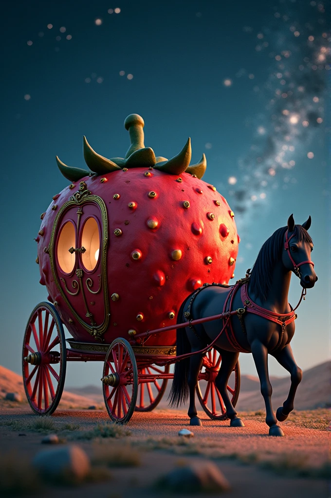 A medieval carriage shaped like a strawberry plus the carriage's color is red and white, pulled by a black horse. Ao fundo, a clear night sky with stars shining brightly, creating a magical atmosphere."