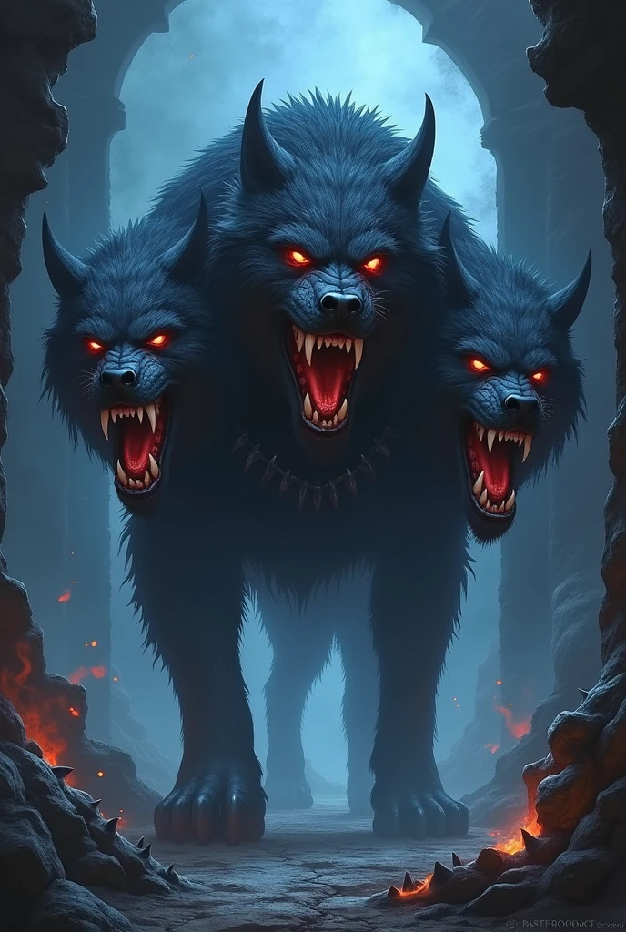 Create an imposing and fearsome three-headed Cerberus connected to one body standing guard at the gates of the Underworld. Each head snarls fiercely with glowing red eyes, jagged teeth, and thick black fur, blending into a menacing shadow. The middle head should be larger and more dominant, with a spiked collar. The scene around it is dark and ominous, with swirling mist and jagged rocks, while faint eerie blue flames flicker around the gates. The atmosphere is intense, foreboding, and otherworldly."