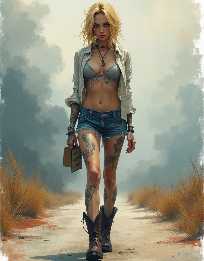 fusion of watercolors and oil paintings, mix of monochrome and color, attractive beautiful woman, hitchhiking on a road in the middle of nowhere, (hitchhiking pose, gesture, sign), with a sign around her neck that says "I am a hitchhiking robber", yandere, crazy smile, scary smile, evil smile, teasing smile, grin, lewd smile, malicious smile, creepy smile, amorous and lewd face, blonde messy hair, make-up, huge mouth, blue eyes, superlative body proportion, covered in tattoos, wearing open shirt, short jeans pants, western boots, 2.5D, delicate and dynamic, graphic CG digital art