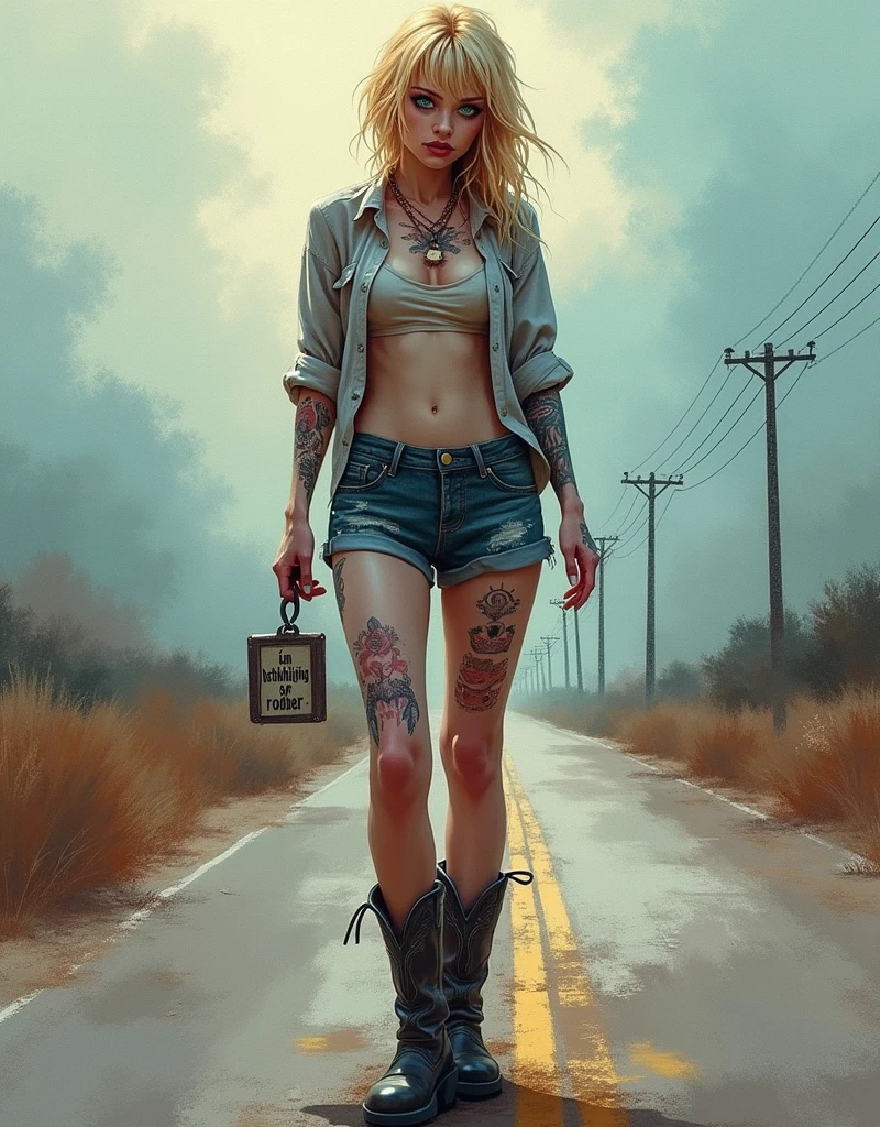 fusion of watercolors and oil paintings, mix of monochrome and color, attractive beautiful woman, hitchhiking on a road in the middle of nowhere, (hitchhiking pose, gesture, sign), with a sign around her neck that says "I am a hitchhiking robber", yandere, crazy smile, scary smile, evil smile, teasing smile, grin, lewd smile, malicious smile, creepy smile, amorous and lewd face, blonde messy hair, make-up, huge mouth, blue eyes, superlative body proportion, covered in tattoos, wearing open shirt, short jeans pants, western boots, 2.5D, delicate and dynamic, graphic CG digital art