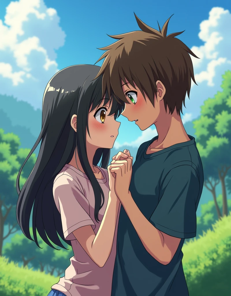 Create a anime style landscape image. A girl with black hair and brown eyes having sex with a boy with brown hair and green eyes