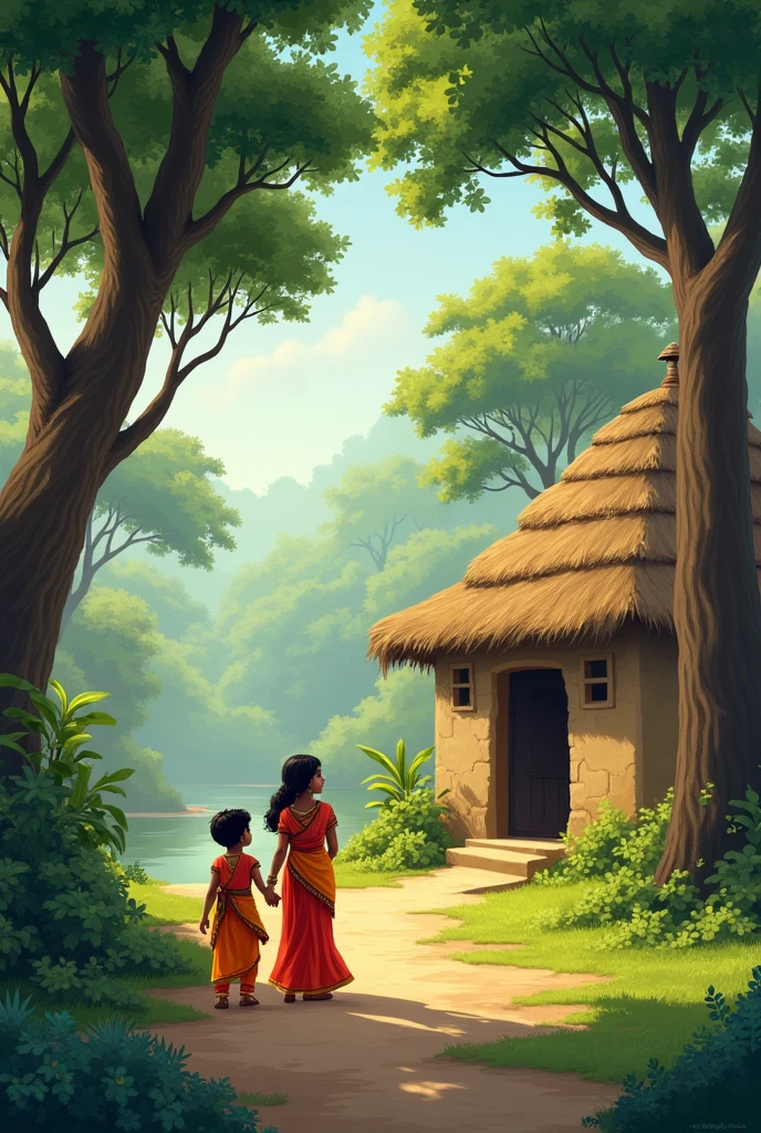 A village and hut and trees and a boy and a girl in Indian village costumes