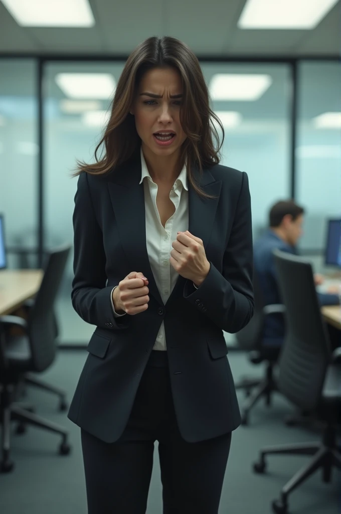 A business woman who peed her pants and she is trying to hold on her bladder