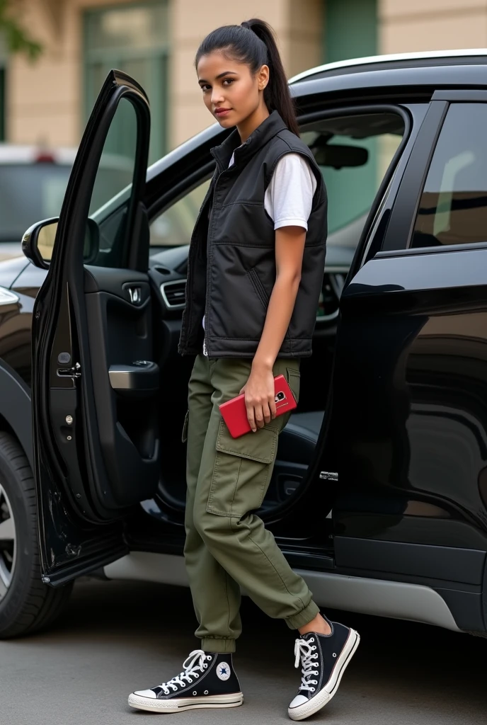 Une fille algérienne de peau marron de 20 ans
1m50 de taille au cheveux noirs queue de cheval courteet cargo vert militaire, converse noire et pas de blanc non mantantes, gilet noir avec un iphone 6 rouge dans sa main sort d'une hyundai creta noire 2018 de devant