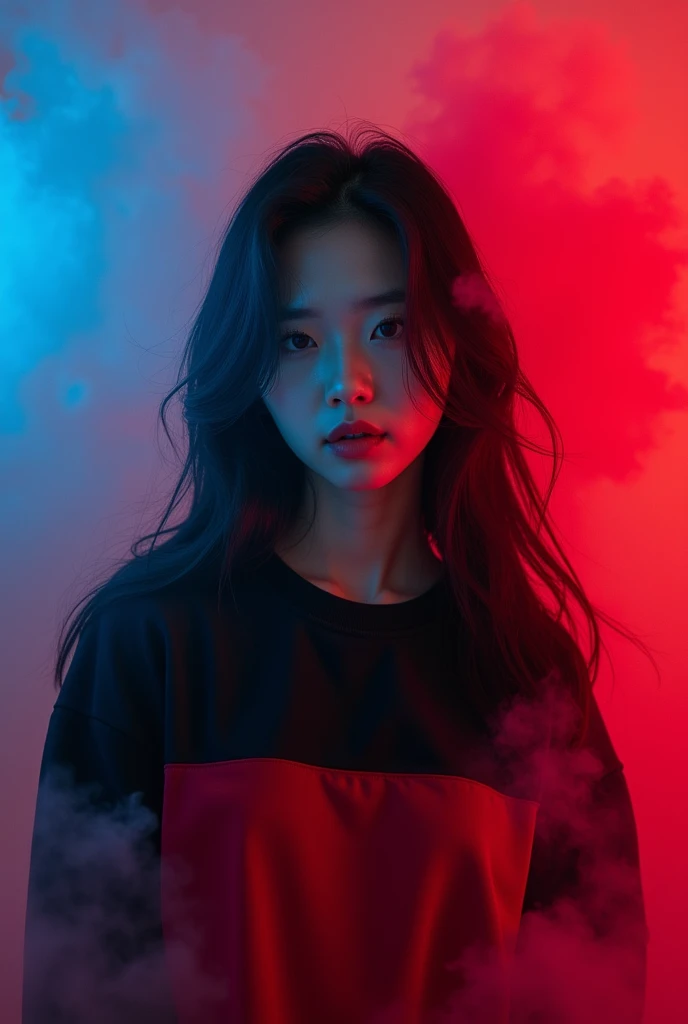 A Korean girl in a black and red sweatshirt and black long hair, so long hair, so pretty, red and blue smoke background
