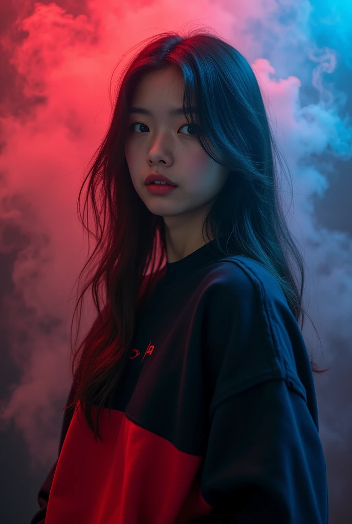 A  Korean girl in a black and red sweatshirt and black long hair, so long hair, so pretty, red and blue smoke background 
