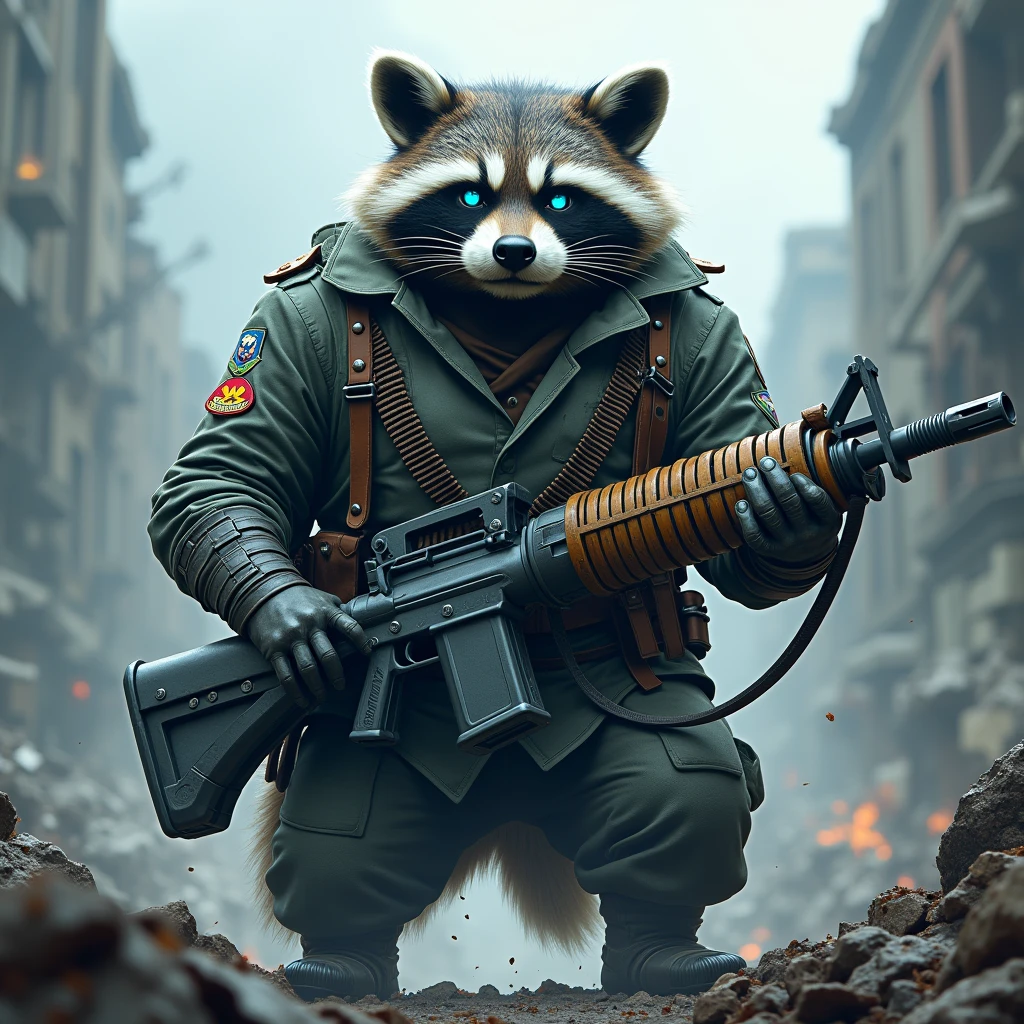 a strong raccoon with icy eyes in a military uniform in a zombie war zone holding a powerful weapon exuding a victorious aura of ice