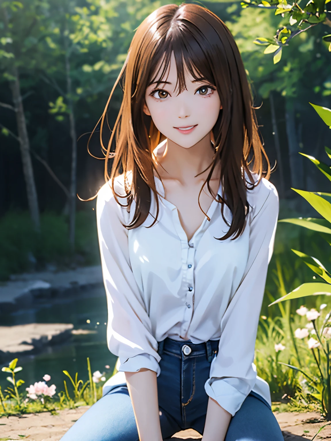 High resolution, 8k, Highest quality, detailed, Semi-realistic anime, Anime 3D Style, Smooth anime CG, One Girl, A 20-year-old Japanese woman, slim, Modeled, Shiny brown hair, detailedな顔, Beautiful and detailed, Glowing Skin, Hard Focus、Film Grain, Soft lighting, Looking at the audience, Laughter, (A woman wearing a simple blouse and jeans), Early summer plateau、A single flower blooming in a meadow under a clear blue sky