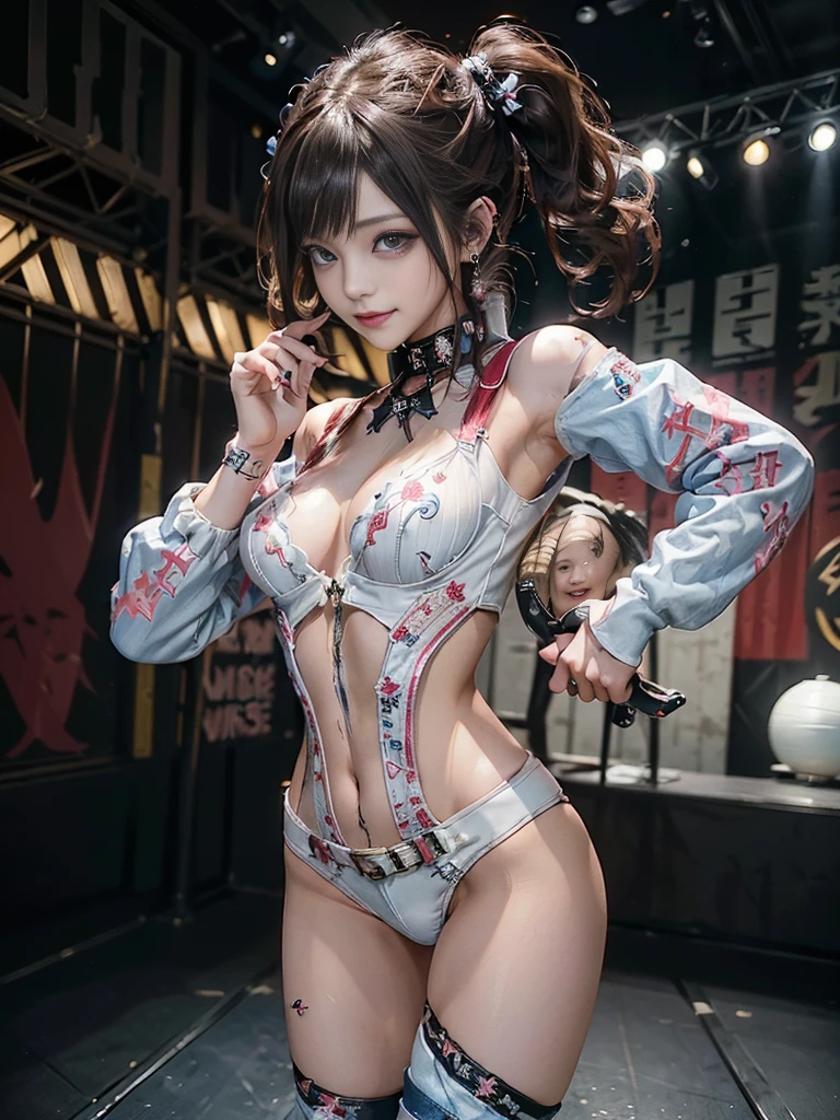 (Full body view:1.3)、(Side view:1.1)、(Smiling with teeth showing:1.3),(Shibuya Gal:1.5)、(Goth Style Fashion:1.5)、(Punk RockVisual Kei:1.5)、(Wearing a rhythmic gymnastics bodysuit with white and red intricate details:1.4)、(Racing suit and pants with delicate decorations in white, denim and magenta:1.5)、(Denim and light blue and magenta boots:1.3)、((belt))、(Numerous delicate logo marks all over the costume:1.4)、(collar:1.3)、(Striped underwear:1.5)、20-year-old、NSFW、((Highest quality、In 8K、masterpiece:1.3))、Sharp focus:1.2、(Layered Cut、Huge boobs:1.1),Beautiful woman with perfect figure:1.4、(Doing an aerobics pose:1.3)、Slender Abs:1.2、Highly detailed face and skin texture、Detailed eyes、double eyelid,(Twin tails:1.3)、(Brown Hair:1.3)、Gravure idol、(The background is the stage of the fashion show:1.3)、(Slim Body:1.3),(Make your legs thinner:1.4),(clavicle:1.1)、(Thin and slim thighs:1.3)