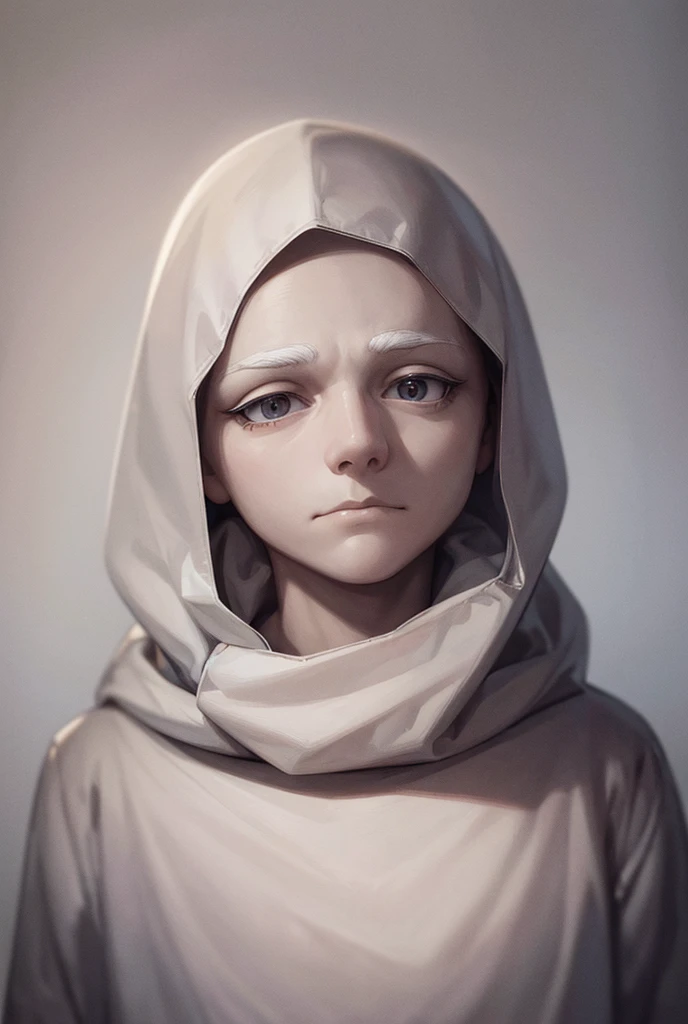 masterpiece, Highest quality, ((Pure white background)), Are standing, Slim albino man, Gray Hair, White eyelashes, White eyebrows, Cold Face, Fair skin, black t-shirts, Sad expression, Light effects, soft, Ultra Clear, High-resolution images, (front)