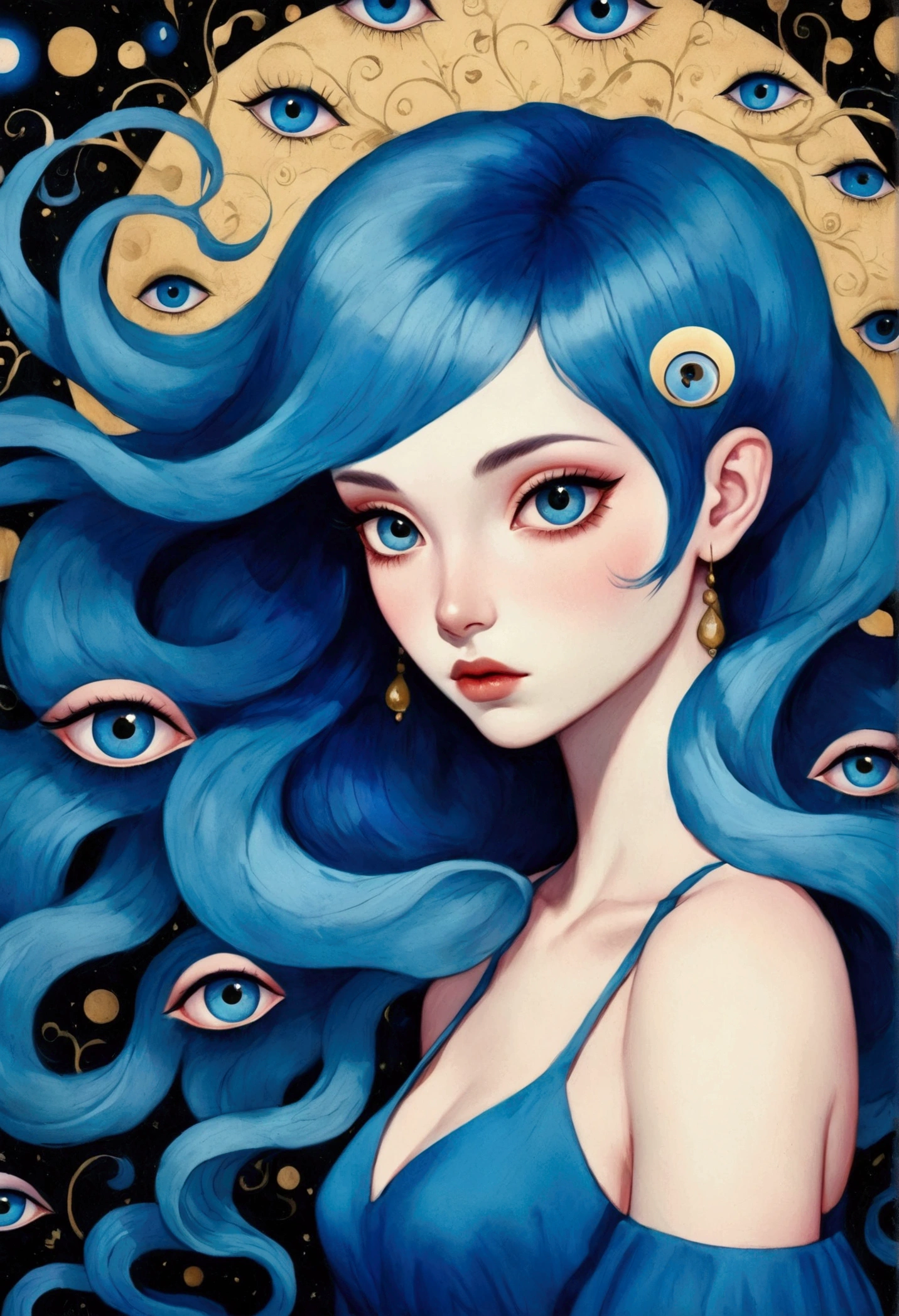 A painting of a woman with blue hair wearing a blue dress, Jeremiah Ketner (Jeremiah Ketner) Surrealism, Winner of the Behance competition, Psychedelic Art, Mysterious eyes, Fantasy Art style, Third Eye Vision, mystical The Third Eye, Complex eyes, The Third Eye, Magical eyes, Psychedelic Goddess, Beautiful art UHD 4K, Fantasy Art, Psychedelic surrealist art