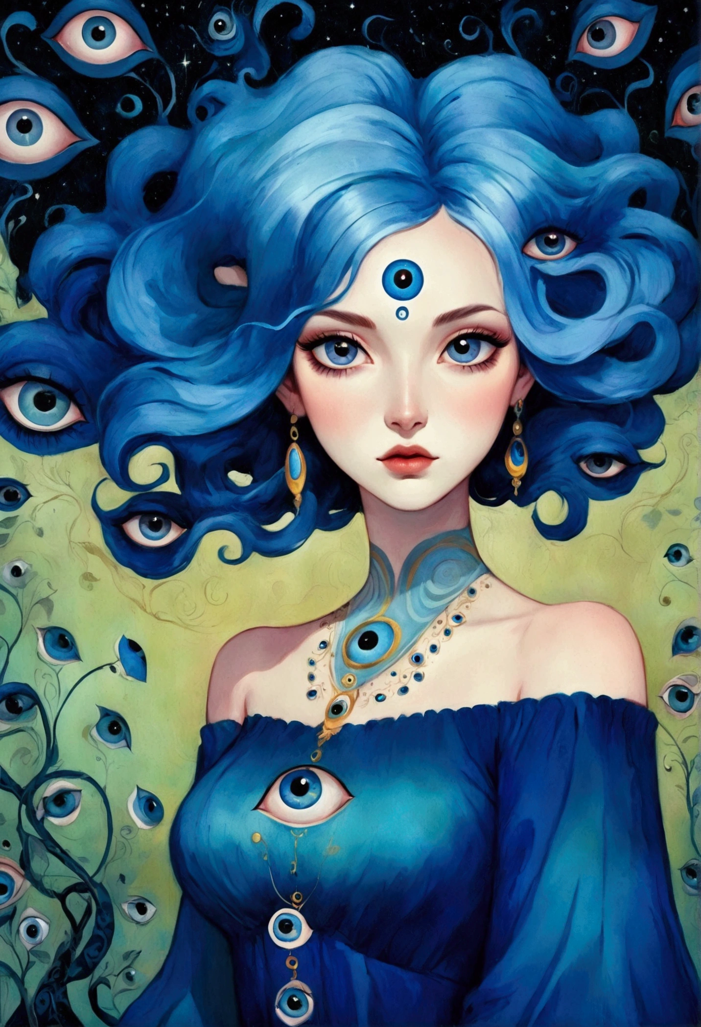 A painting of a woman with blue hair wearing a blue dress, Jeremiah Ketner (Jeremiah Ketner) Surrealism, Winner of the Behance competition, Psychedelic Art, Mysterious eyes, Fantasy Art style, Third Eye Vision, mystical The Third Eye, Complex eyes, The Third Eye, Magical eyes, Psychedelic Goddess, Beautiful art UHD 4K, Fantasy Art, Psychedelic surrealist art