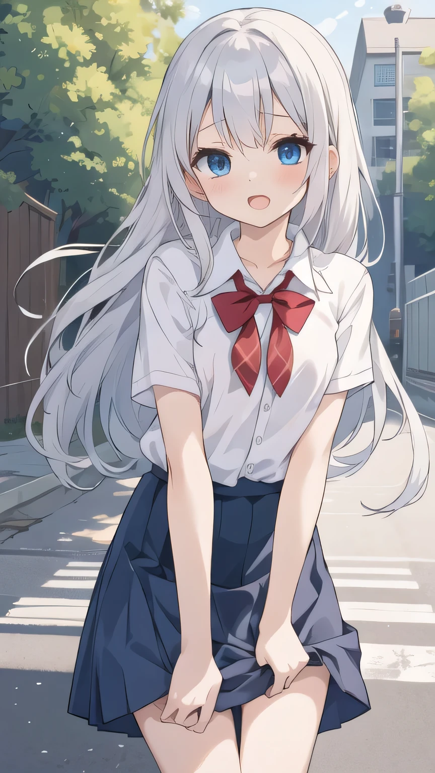 cute girl, アニメ, silver hair, straight hair, Blue eyes, outdoor, cowboy shot, (orgasm:1.2), (young:1.4), dark blue skirt, white camisole, small bust, school uniform
