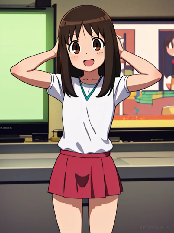 (masterpiece, Highest quality:1.2),figure,8k,High resolution,1 person,alone, (((masterpiece))),(((Highest quality))),(((Very detailed))), figure, 1 person, Azumanga Daioh, Ayumu Kasuga, Azumanga Daioh's ,  , Seraph, smile, Seraphクローズ, boca abierta alone, Bright colors, bright, Put your hands behind your head，(Lift your legs，Showing off your crotch，)(Brown eyes), whole body, socks，Volumetric lighting, Multicolored Eyes, Fine grain, Very detailed, Open your mouth,skirt，Spread your legs wide，Sensitive， Very detailed, beautiful, The finer details, Ultra-detailed, Highest quality, Complex, 4K, 8k, Art Station Trends, Excellent anatomy, beautiful lighting, Awards, Small breasts, indoor，