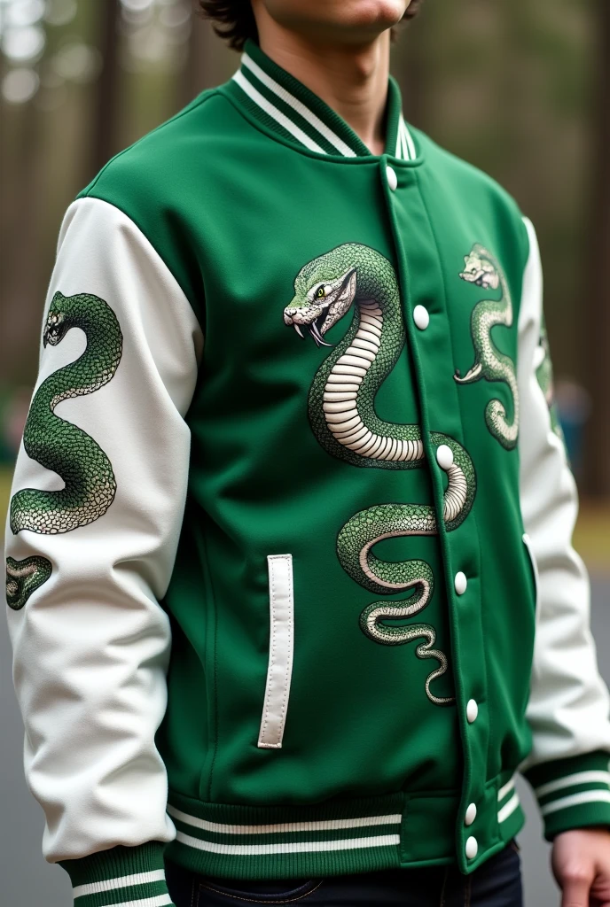 green varsity jacket with white sleeves, a viper slithering on the left sleeve until the chest area as its major design
