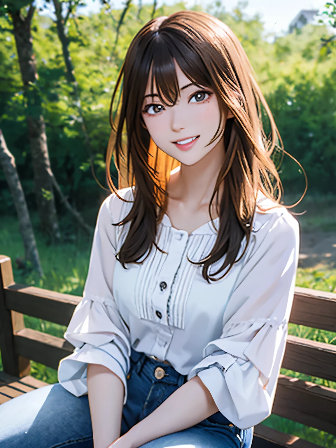 High resolution, 8k, Highest quality, detailed, Semi-realistic anime, Anime 3D Style, Smooth anime CG, One Girl, A 20-year-old Japanese woman, slim, Modeled, Shiny brown hair, detailedな顔, Beautiful and detailed, Glowing Skin, Hard Focus、Film Grain, Soft lighting, Looking at the audience, Laughter, (A woman wearing a simple blouse and jeans), Early summer plateau、A single flower blooming in a meadow under a clear blue sky