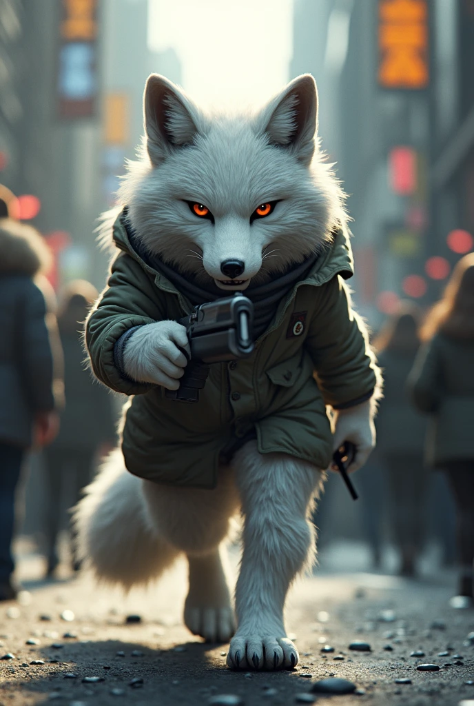 Articfox walking in city angry mood with gun