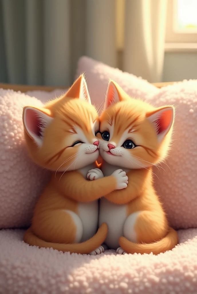 two kittens in love , hugging