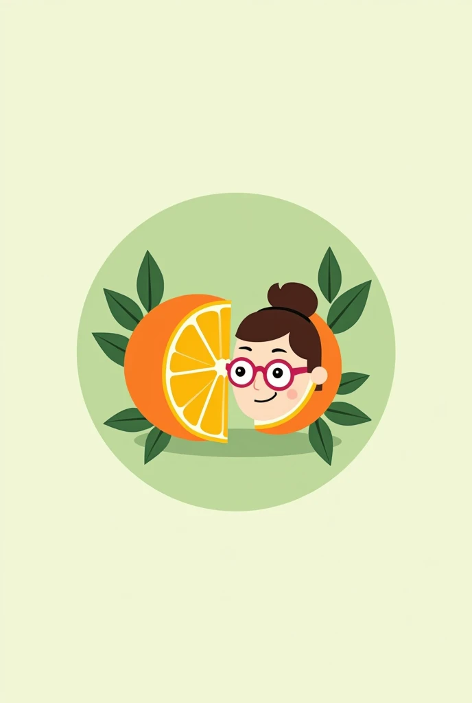 On a light green circular background with fruit leaves. With a minimalist style for logo Draw 2 half oranges. Each Half must be animated with an identity, The first one should be male with a pompadour hairstyle and the other female with pink glasses 