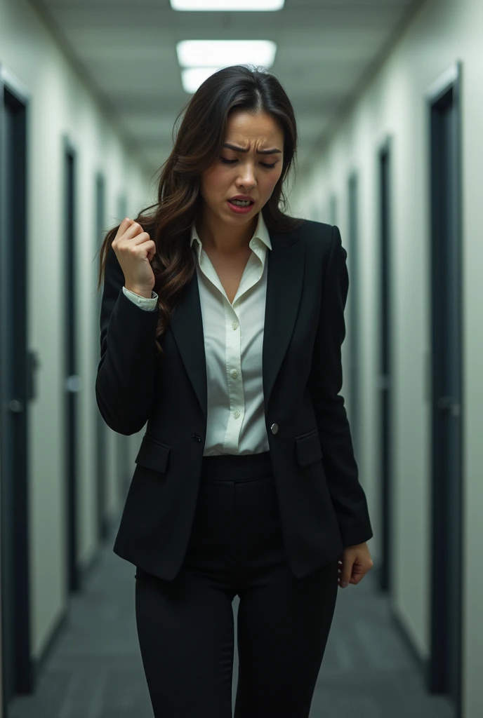 A business woman who peed her pants and she is trying to hold on her bladder