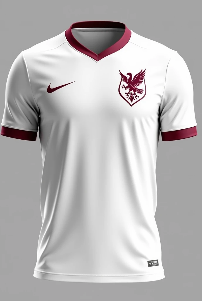 Create a white football shirt with burgundy details and an eagle on the chest





