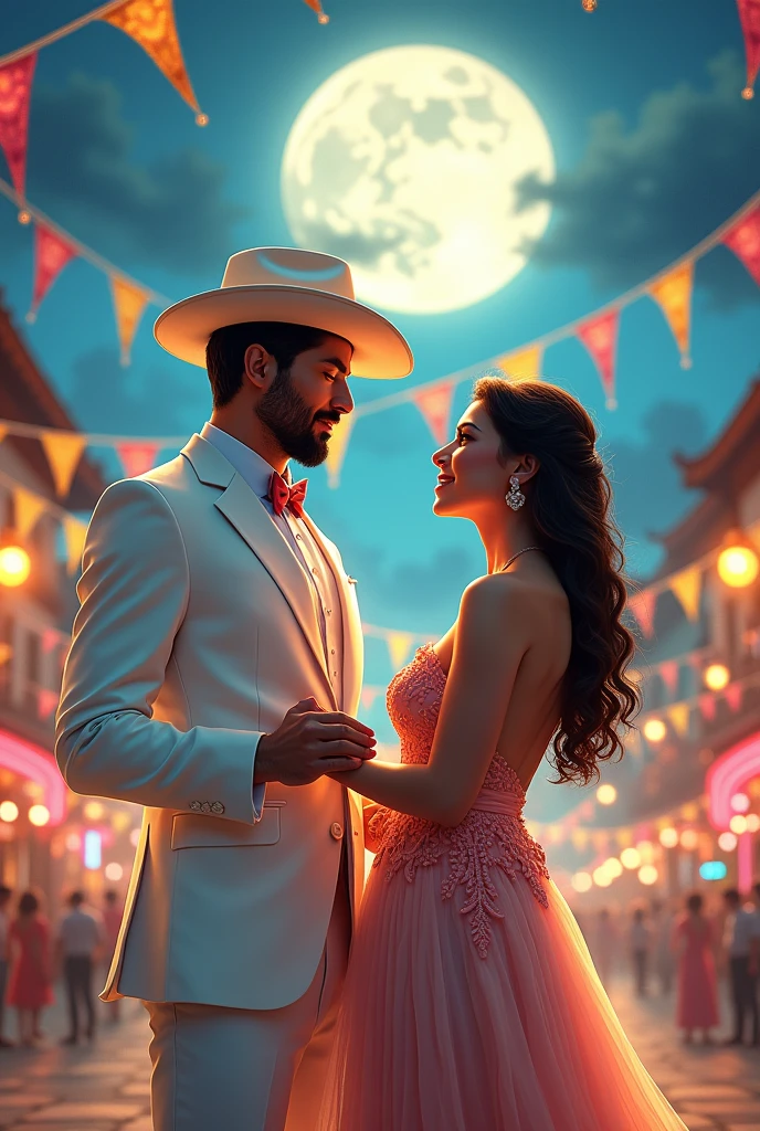 handsome indigenous man with short hair and a short beard, in a white suit and white hat gesturing to a beautiful woman in a dress. The scene is set in a square decorated with flags for the June festival on a full moon night.
