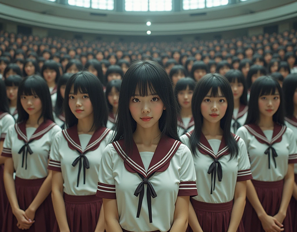 (Japanese Clone-girls=Myself), (Super Best masterpiece Clone-girls Raw Photography Art), (16K, Highest quality, Ultra-high resolution, RAW Photos), (It's so unrealistic., With unparalleled depiction, With an unfathomable sight, An unprecedented and shocking worldview, Clone-girls: In a world of mass reproduction, Ultra-realistic), (Japanese Girls, yo, Small face, Thick black hair, long hair, Dark Eyes, Mature face, Cute Smile, Smiling face, A gentle gaze, Very pleasant look), (Very beautiful detailed girls, Accurate body structure, Accurate body movements, Very detailed body, (Super big breasts, Large bulge of ample breasts)), ((Schoolgirl uniform, Short sleeve, mini skirt, Emphasise the fullness of your breasts)), (Very detailed, Myself cloning, Depiction of splitting oneself, 1Myself girl→1,000,000,000,000,000,000,000,000,000,000Myself cloning girls), (Myself's clone girls, With the same perfect appearance without any difference, to multiply in large numbers), (Very detailed depiction, Myself's multiplying female body, In the same female body,With the same face, With the same hairstyle, In the same clothes, At the same height, 同じSuper big breastsで, The same female body that is completely indistinguishable, 1,000,000,000,000,000,000,000,000,000,000 people), (Myself girls only), ((Academy, academic level, Commemorative photo depiction, Tiered stage photography, Happy smile, Front view))