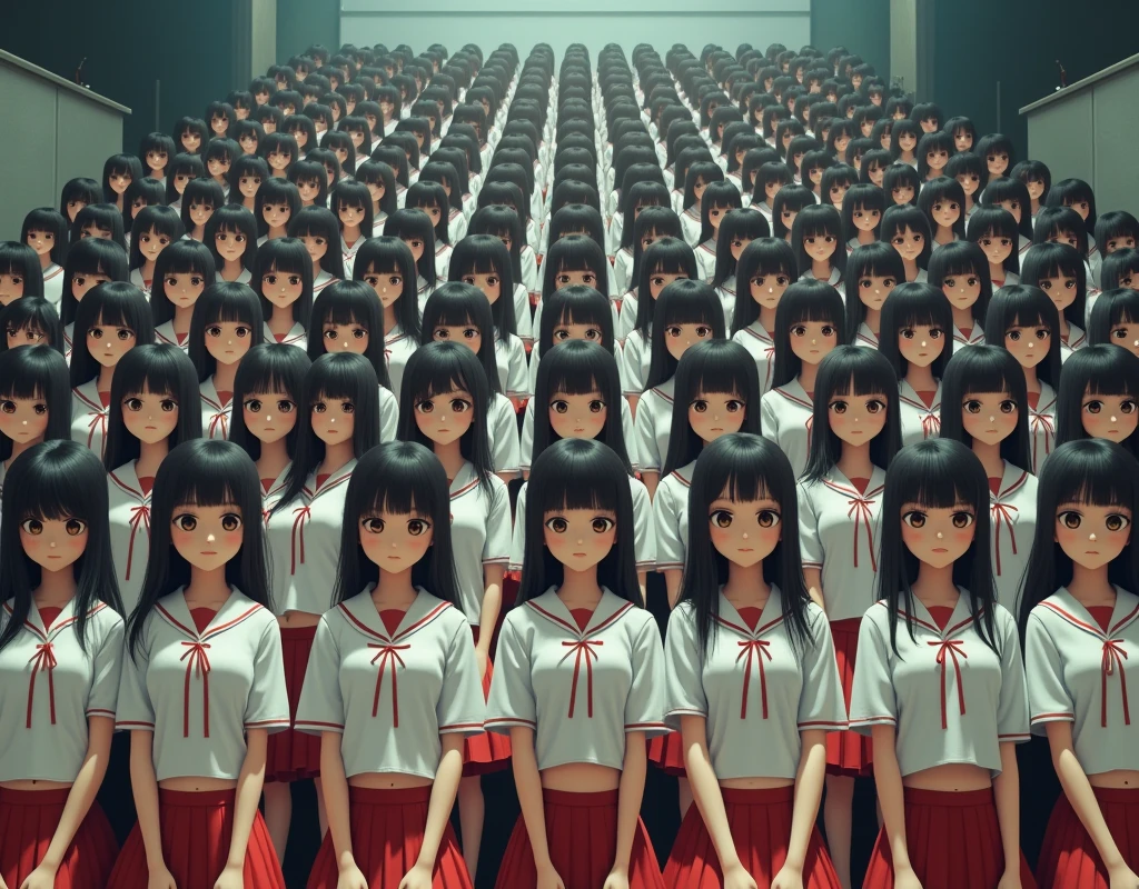 (Japanese Clone-girls=Myself), (Super Best masterpiece Clone-girls Raw Photography Art), (16K, Highest quality, Ultra-high resolution, RAW Photos), (It's so unrealistic., With unparalleled depiction, With an unfathomable sight, An unprecedented and shocking worldview, Clone-girls: In a world of mass reproduction, Ultra-realistic), (Japanese Girls, 16yo, Small face, Thick black hair, long hair, Dark Eyes, Mature face, Cute Smile, Smiling face, A gentle gaze, Very pleasant look), (Very beautiful detailed girls, Accurate body structure, Accurate body movements, Very detailed body, (Super big breasts, Large bulge of ample breasts)), ((Schoolgirl uniform, Short sleeve, mini skirt, Emphasise the fullness of your breasts)), (Very detailed, Myself cloning, Depiction of splitting oneself, 1Myself girl→1,000,000,000,000,000,000,000,000,000,000Myself cloning girls), (Myself clone girlsは, With the same perfect appearance without any difference, to multiply in large numbers), (Very detailed depiction, Myself's multiplying female body, In the same female body,With the same face, With the same hairstyle, In the same clothes, At the same height, 同じSuper big breastsで, The same female body that is completely indistinguishable, 1,000,000,000,000,000,000,000,000,000,000 people), (Myself girls only), (Academy, academic level, Commemorative photo depiction, Tiered stage photography, Happy smile, Front view)