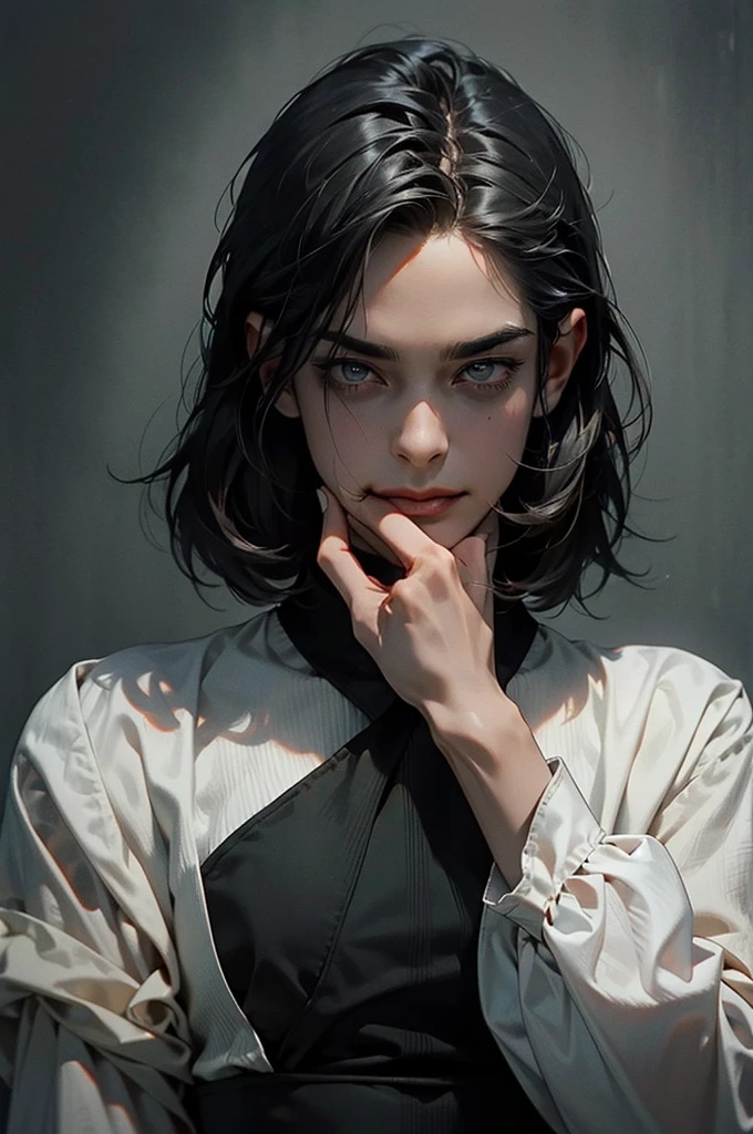 A creepy woman, smiling, staring directly at the viewer, detailed face, piercing eyes, sinister expression, dark and moody lighting, horror atmosphere, gloomy background, dramatic shadows, muted color palette, unsettling mood, photorealistic, highly detailed, cinematic lighting, smliing, hand over his chin, laughing like a psychopaths, full body, wearing dress, attractive, beautiful, modern dress