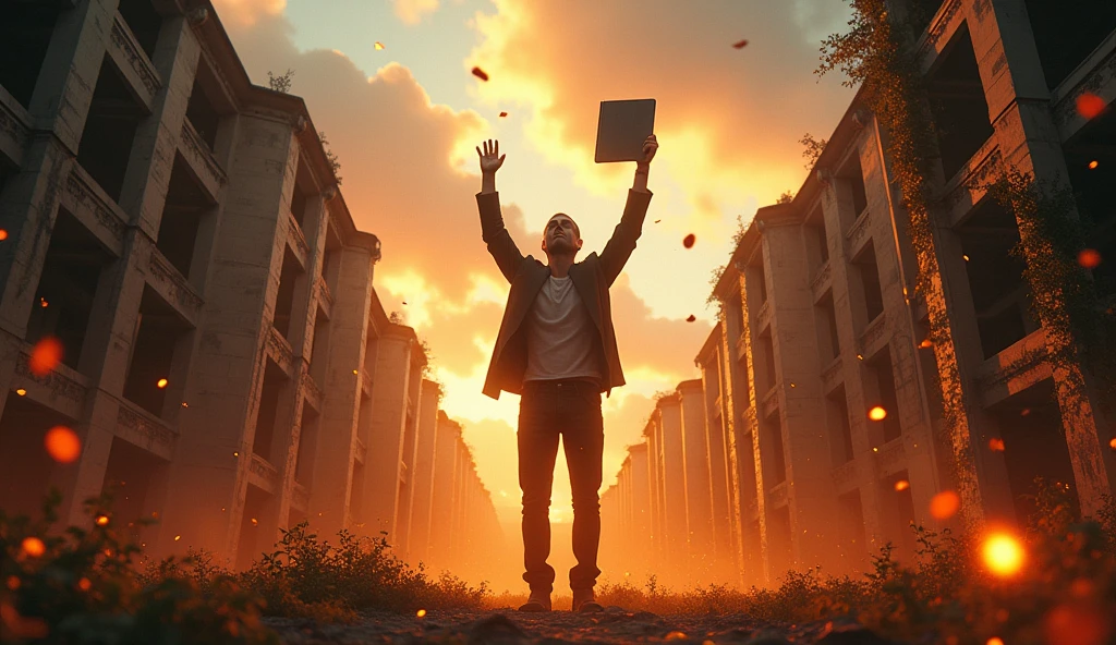  "Create an ultra-realistic, ultra-3D YouTube thumbnail with a cinematic feel, featuring the main character standing heroically in the midst of an abandoned, overgrown university campus. The character should be depicted from a low angle, making them appear larger-than-life, with a glowing, holographic notebook held high, casting bright, radiant light across the scene. Surrounding the character are detailed, crumbling buildings and vines overtaking structures, with embers and dust particles floating in the air for added depth. Use dynamic lighting, with dramatic sunbeams breaking through stormy clouds, highlighting the character’s determined expression. The text 'RISE FROM THE ASHES' should be in ultra-bold, 3D letters, appearing as if forged from molten metal, with smoke and sparks trailing off, enhancing the fiery theme."