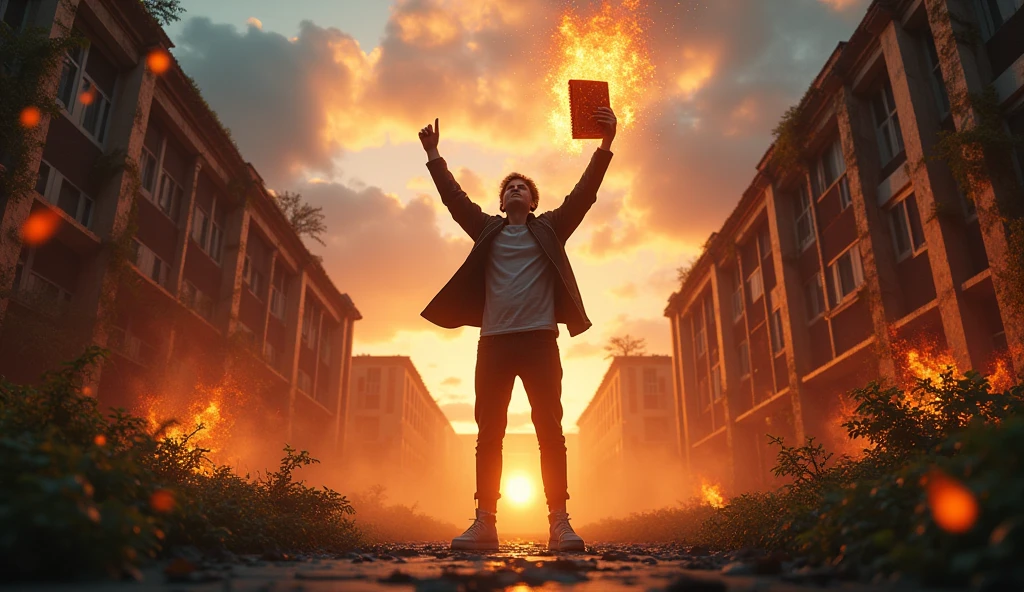 "Create an ultra-realistic, ultra-3D YouTube thumbnail with a cinematic feel, featuring the main character standing heroically in the midst of an abandoned, overgrown university campus. The character should be depicted from a low angle, making them appear larger-than-life, with a glowing, holographic notebook held high, casting bright, radiant light across the scene. Surrounding the character are detailed, crumbling buildings and vines overtaking structures, with embers and dust particles floating in the air for added depth. Use dynamic lighting, with dramatic sunbeams breaking through stormy clouds, highlighting the character’s determined expression. The text 'RISE FROM THE ASHES' should be in ultra-bold, 3D letters, appearing as if forged from molten metal, with smoke and sparks trailing off, enhancing the fiery theme."