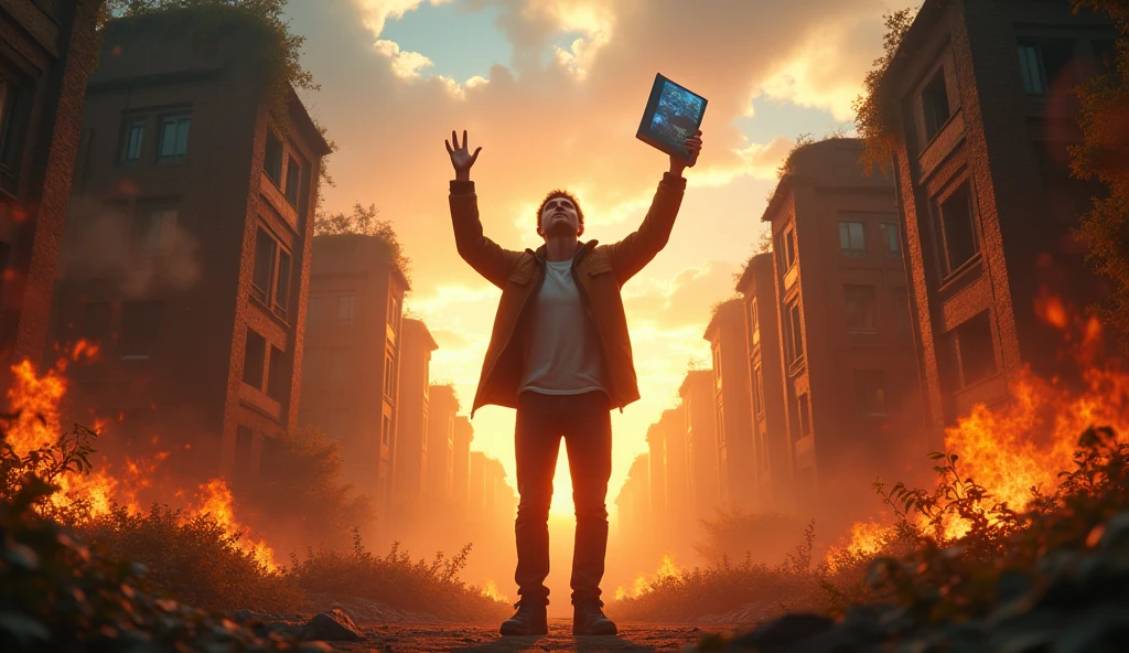  "Create an ultra-realistic, ultra-3D YouTube thumbnail with a cinematic feel, featuring the main character standing heroically in the midst of an abandoned, overgrown university campus. The character should be depicted from a low angle, making them appear larger-than-life, with a glowing, holographic notebook held high, casting bright, radiant light across the scene. Surrounding the character are detailed, crumbling buildings and vines overtaking structures, with embers and dust particles floating in the air for added depth. Use dynamic lighting, with dramatic sunbeams breaking through stormy clouds, highlighting the character’s determined expression. The text 'RISE FROM THE ASHES' should be in ultra-bold, 3D letters, appearing as if forged from molten metal, with smoke and sparks trailing off, enhancing the fiery theme."