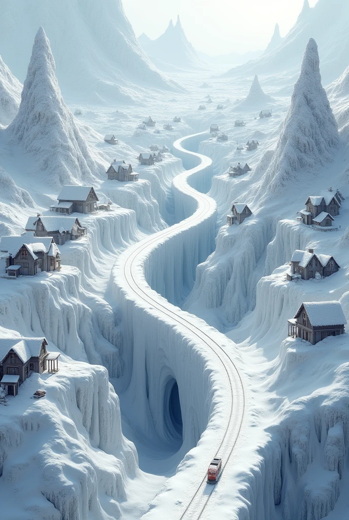 A hundreds of houses and one small tunel for train in huge snowy hole