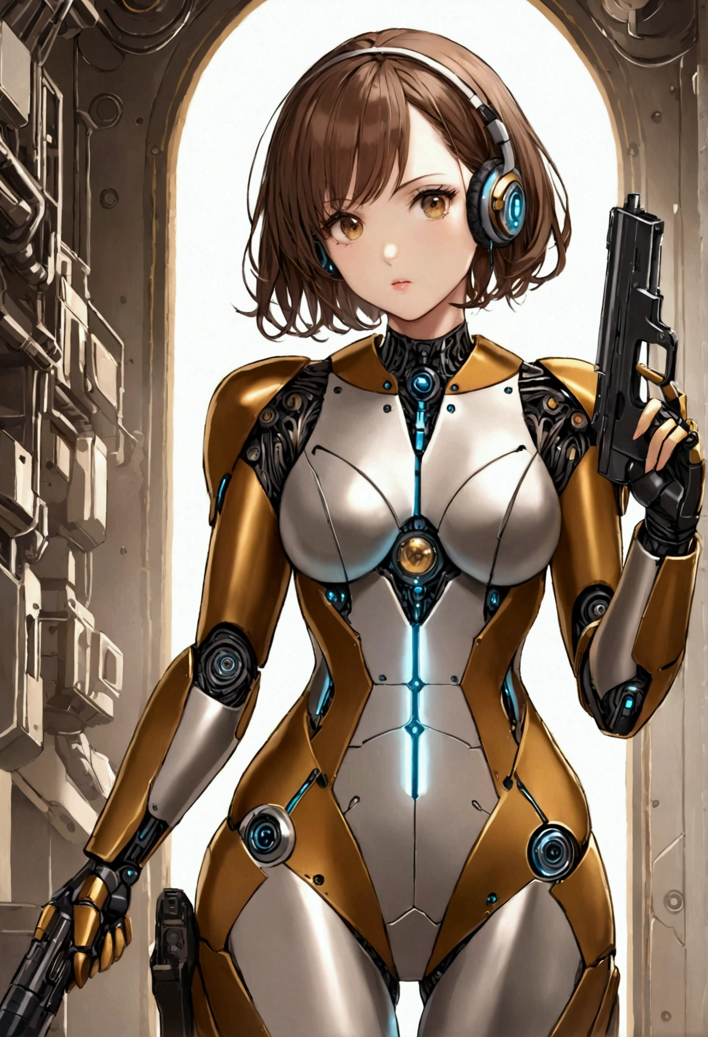  using earphone piercing gaze,hourglass body, wearing robot suit short brown hair light brown eyes with a gun in hand