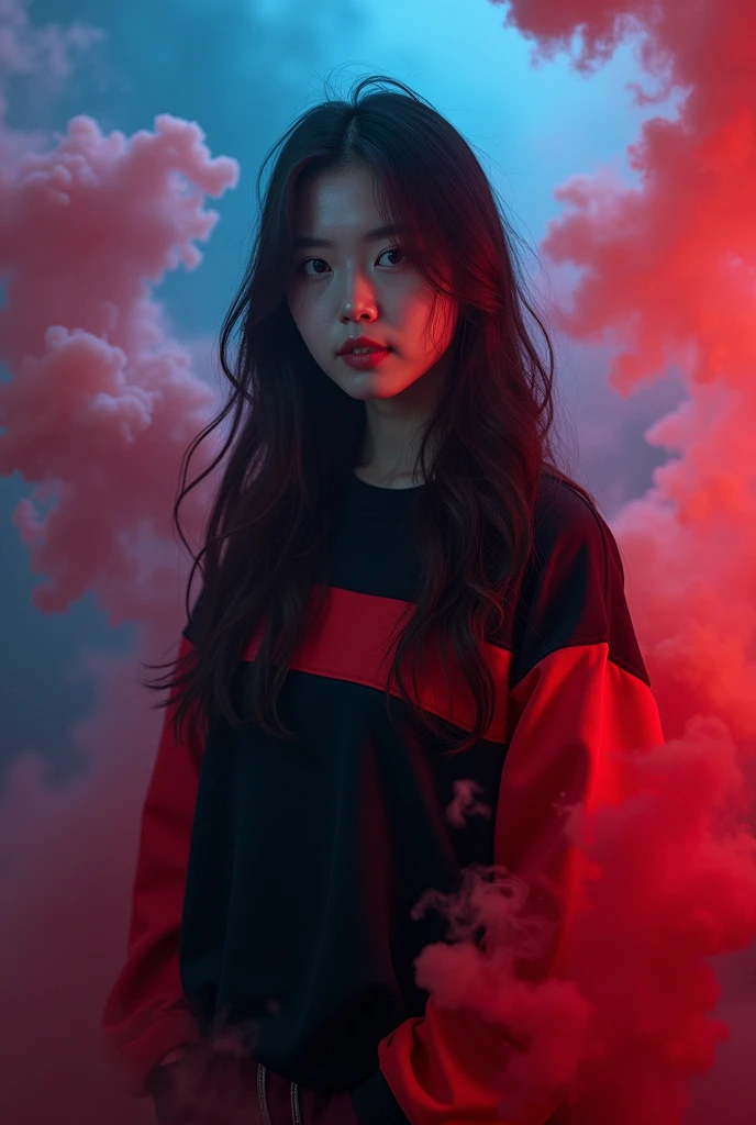 A Korean girl in a black and red sweatshirt and black long hair, so long hair, so pretty, red and blue smoke background