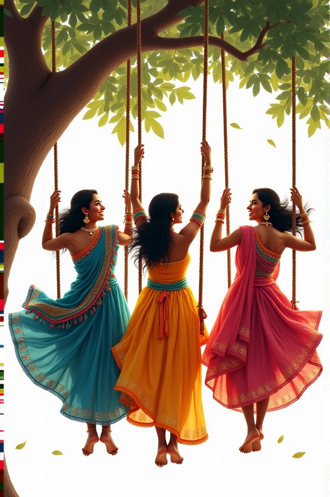 Teej women ready swinging hanging in a tree with white background
