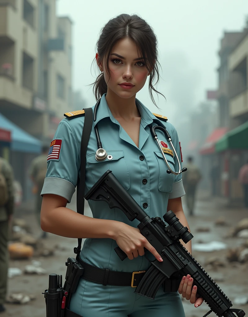 (Photorealism:1.2), beautiful armed woman, Nursing officer, syringe, stethoscope, battleground